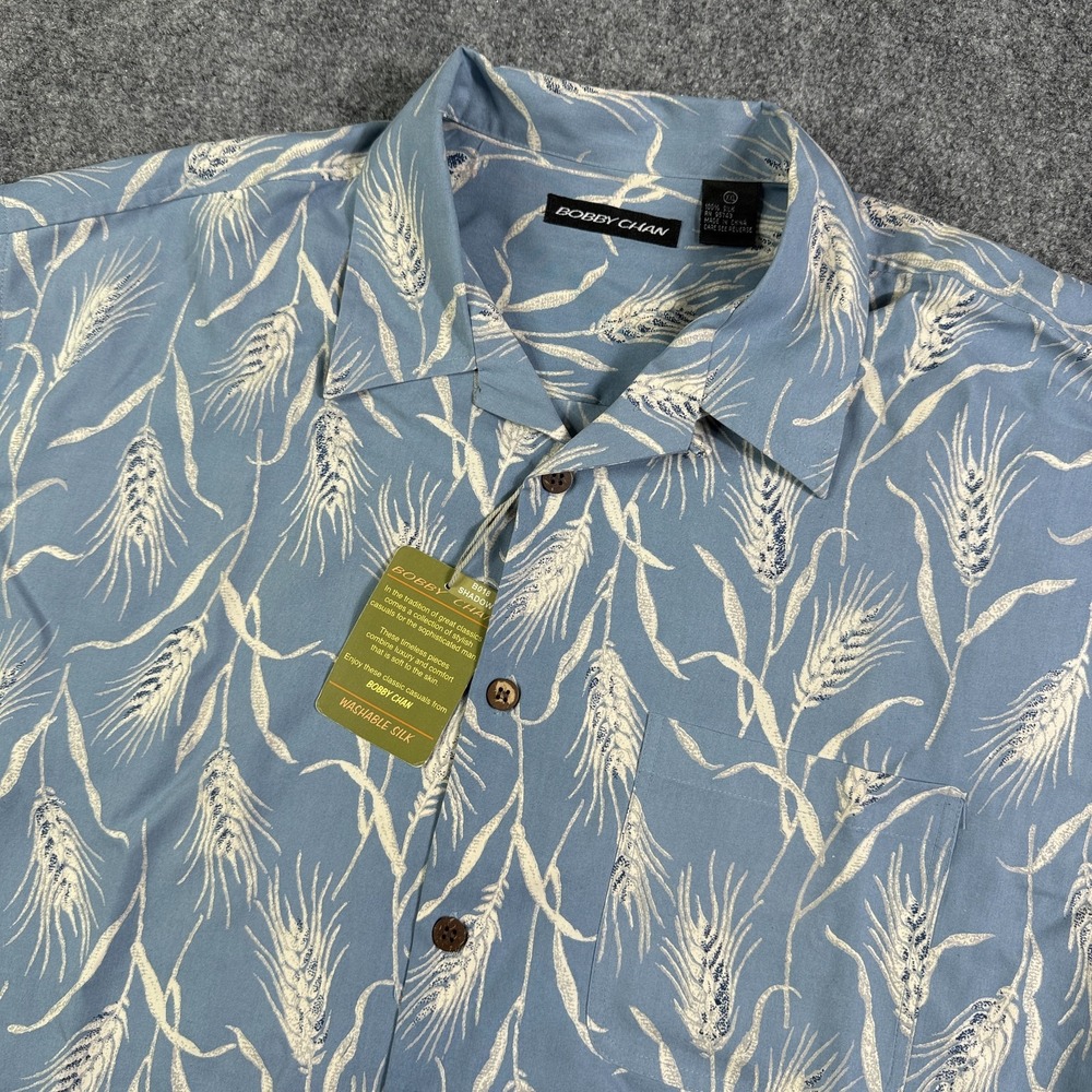Bobby Chan Mens Hawaiian Shirt 2XL 100% Silk Wheat Print Blue NWT Aloha Loop